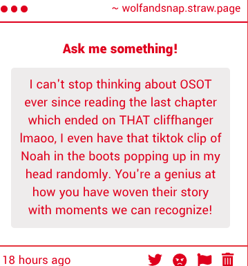 wolfandsnap's tweet photo. Thanks! I really appreciate all of you taking the time to read and engage with the fic #OSOT #FOAH

Next chapter drops this Sunday. https://t.co/q4SILLBAMf