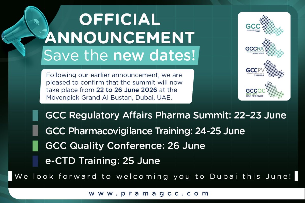 GccPharma's tweet photo. The new dates are confirmed, 22-26 June 2026 at the Mövenpick Grand Al Bustan, Dubai.

The 11th edition continues the commitment, bringing together regulatory authorities, industry leaders, and expert speakers under one roof.

Find out more at https://t.co/O0HvXgUxzN https://t.co/9gZbhGbhMI