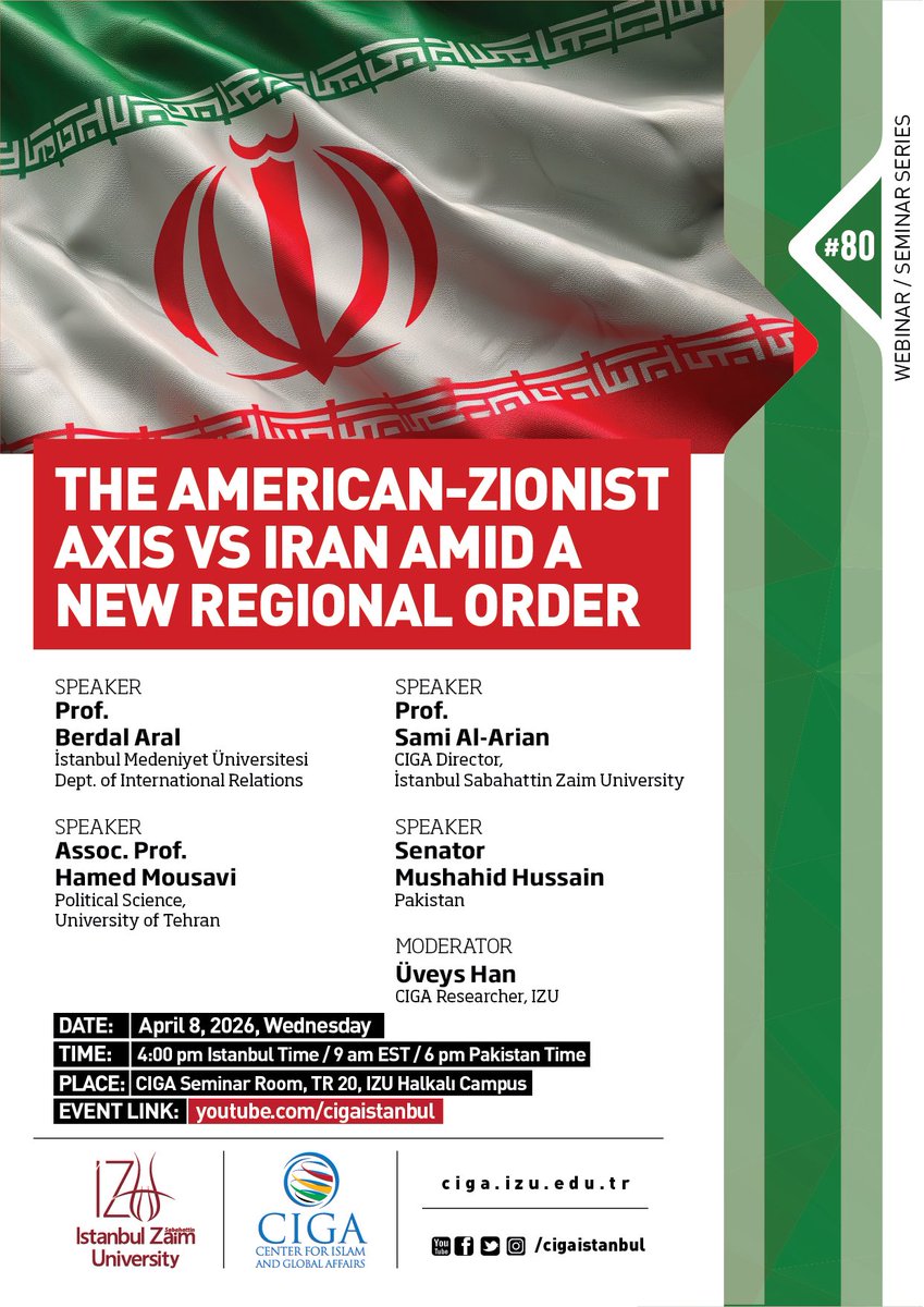 A new regional order is taking shape. What does it mean for Iran and its adversaries?

Join leading experts:
Aral | Al-Arian | Mousavi | Hussain
🗓️Apr 8, 2026
📍16:00 (Istanbul)
Live: youtube.com/cigaistanbul