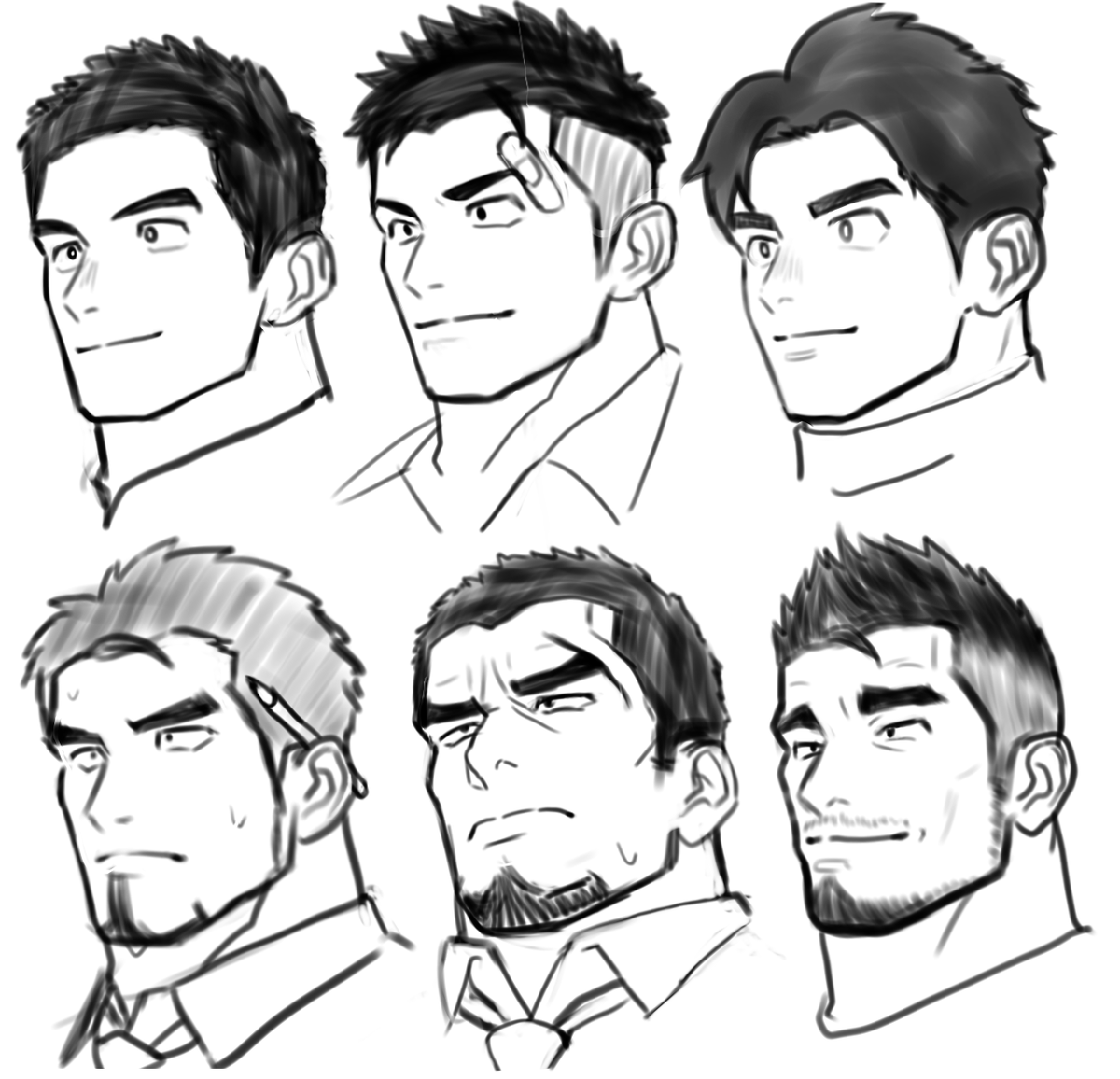 ちょっと前に横顔少しマシになった、の流れで練習で描いた若キャラとおっさんキャラ(前回描いた汗かきスポーツキャスターもいる)
一人だけ角度変わっちゃってるけど 
