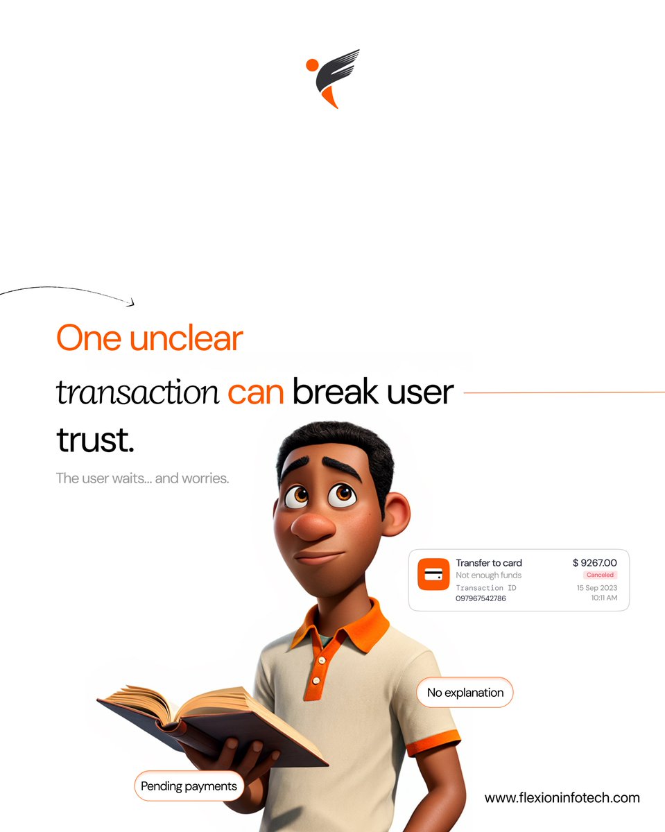 flexion_info's tweet image. One unclear transaction is all it takes for trust to collapse.
A pending payment with no explanation turns users from confident to anxious in seconds.
Fintech apps don’t lose users because of features - they lose them because users feel unsure.
#flexioninfotech #fintechapp