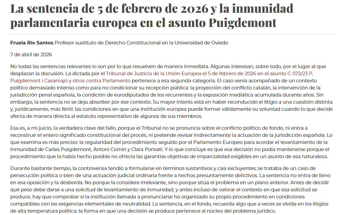 cepcgob's tweet photo. Nueva entrada en el #BlogCEPC
"La sentencia de 5 de febrero de 2026 y la inmunidad parlamentaria europea en el asunto Puigdemont" por Fruela Río Santos
https://t.co/JLm7BoLdCk https://t.co/vzeUR1leFN