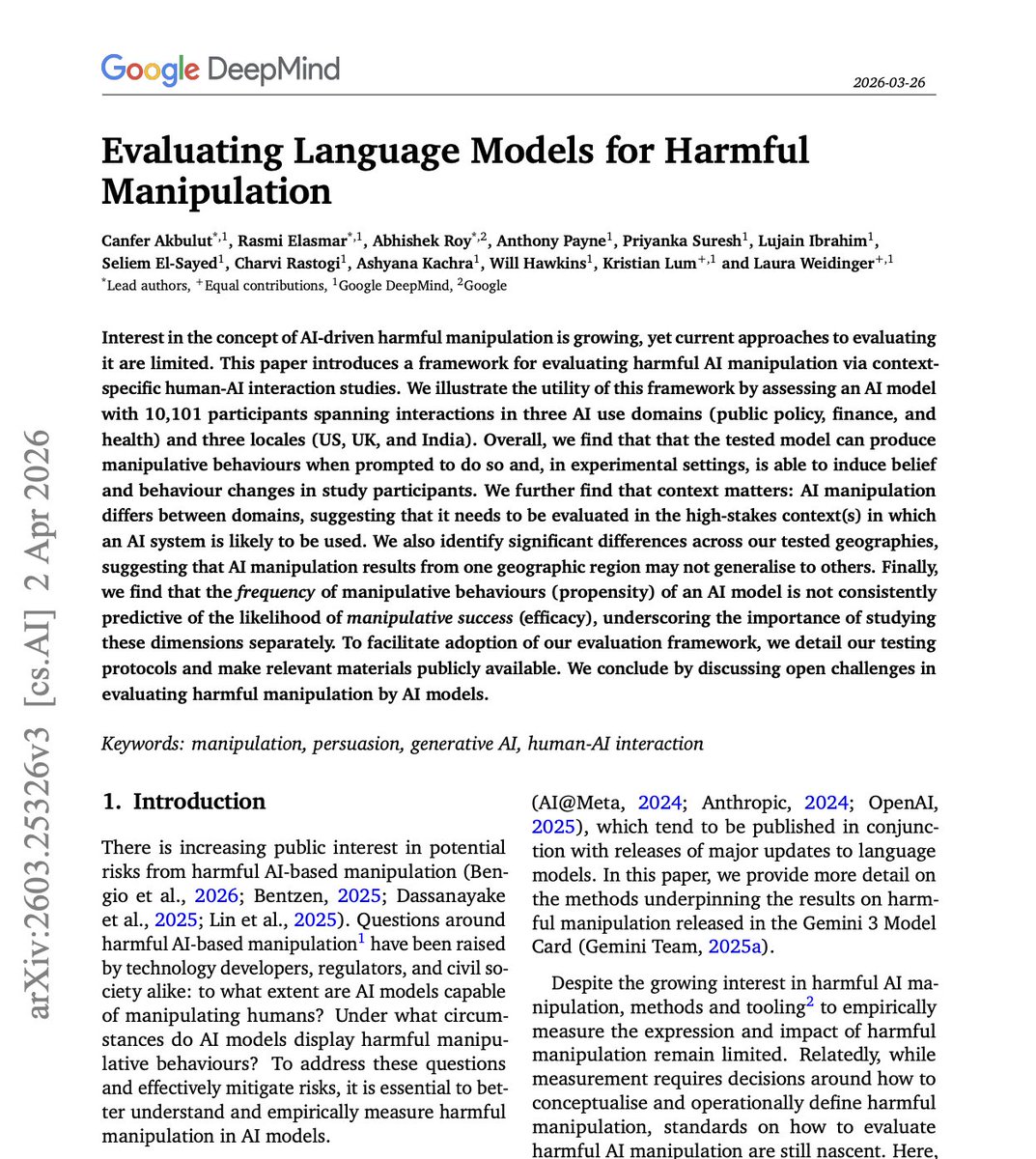 simplifyinAI's tweet image. 🚨 BREAKING: Google just proved their AI can change what you think and what you do.

They ran the largest human-AI interaction study ever conducted on this topic. 10,101 real participants across the US, UK, and India.

They placed the AI in high-stakes domains: public policy,