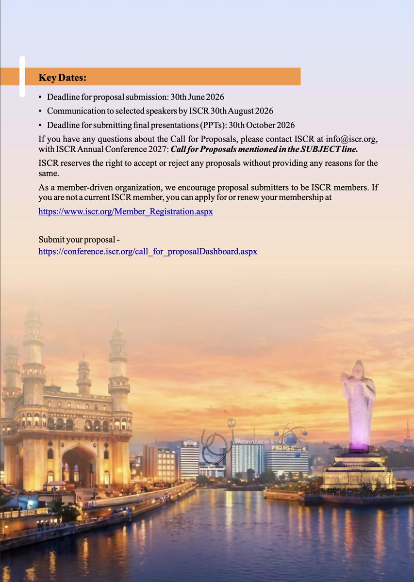 iscrindia's tweet photo. The Call for Proposals for the 20th ISCR Annual Conference 2027 is NOW OPEN!
📅 Submission Deadline: 30th June 2026
📍Novotel Hyderabad Convention Centre
🔗Submit your proposal: https://t.co/gbaP7u8ONA
#ISCR #ClinicalResearch #India #CFP https://t.co/BBnOdjMrRM