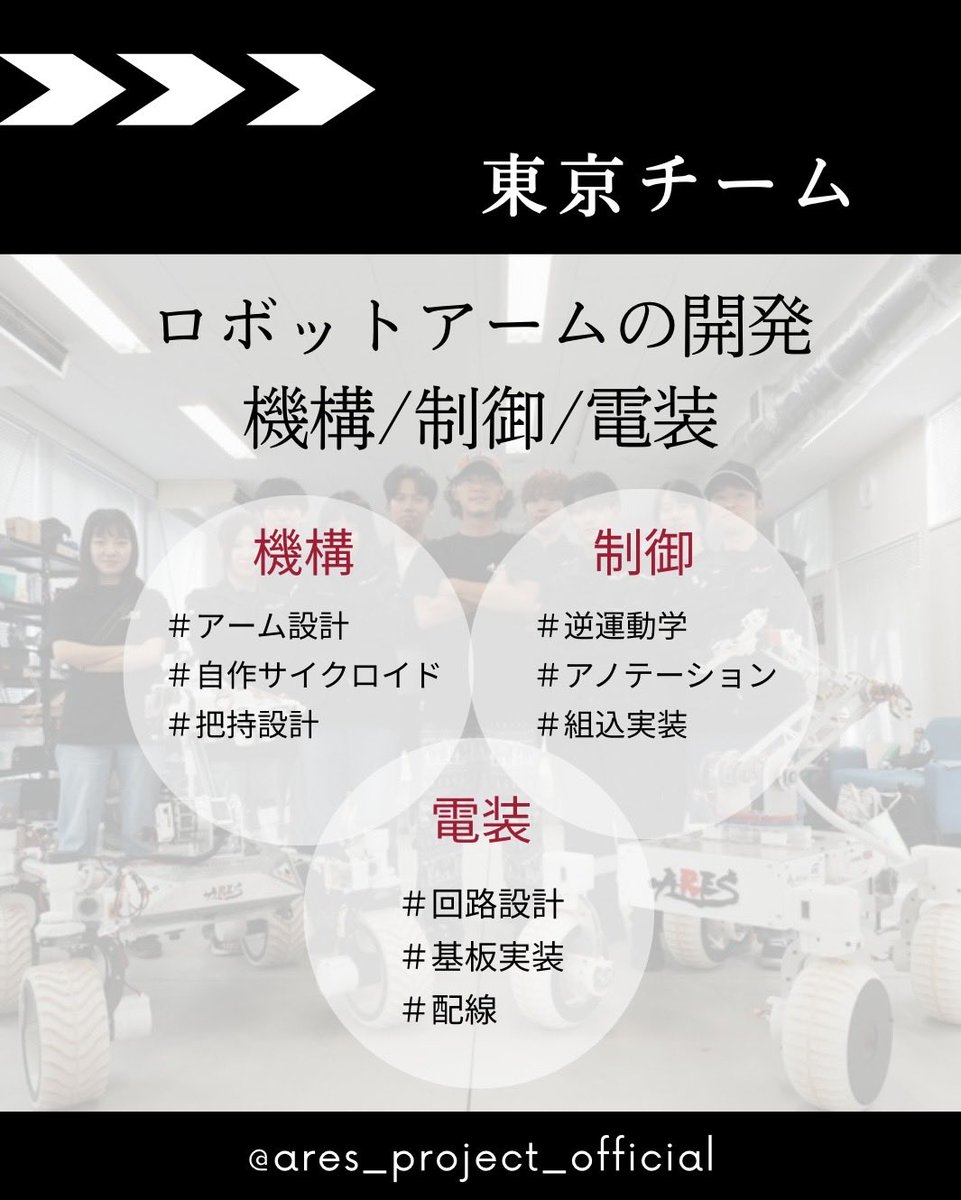 【各チーム紹介】
どんなチームがあるの？

ARES Projectは4つのチームに分かれて活動中！
自分に合った分野で挑戦できます❤️‍🔥

説明会・見学会も実施中！
お気軽にご参加ください！

#aresproject 
#新歓 
#火星探査ローバー 
#学生団体 
#宇宙開発