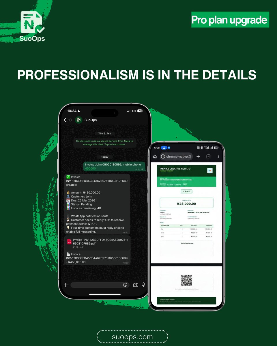 Suoops4's tweet photo. Informal doesn’t have to mean unprofessional. With SuoOps, you can generate professional invoices on WhatsApp using just your voice or a quick text. 📱
Keep your records straight and your customers impressed.
Try it now: https://t.co/9JZDudDppA
#Fintech #SmallBusiness #SuoOps https://t.co/xSHt8rpFpb