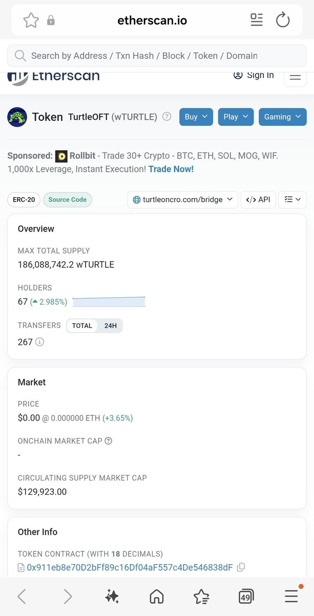 TurtleonCro's tweet image. Two tickers, one token! It's all in the details #crofam! Etherscan update! 🐢🔐

$wTURTLE CA on $ETH: 0x911eb8e70D2bFf89c16Df04aF557c4De546838dF

$TURTLE CA on #cro: 0x8C9E2bEf2962CE302ef578113eebEc62920B7e57

$TURTLE OFTBridge on $CRO:
0xd5Fc2B122B9c085cd196d94Bf83F64972371B8Aa