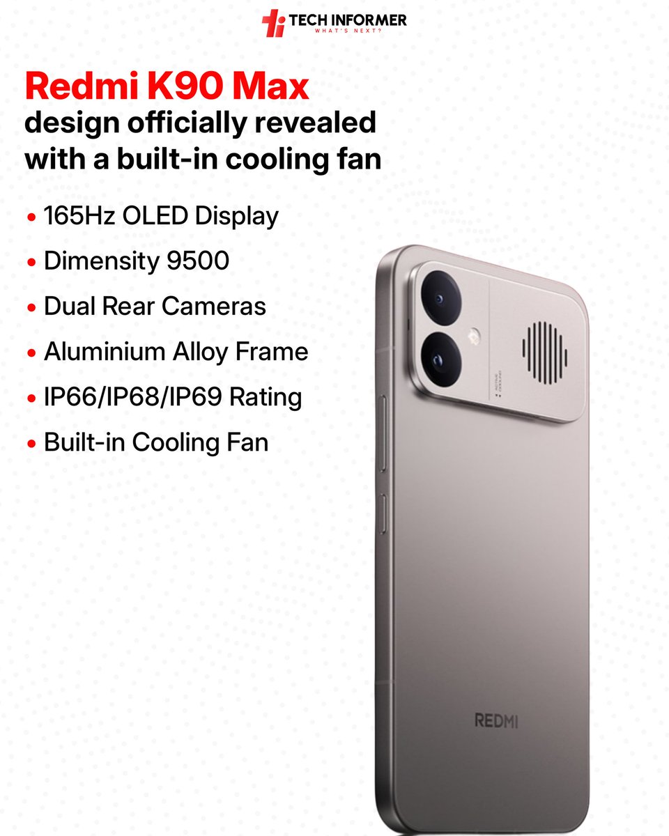 Tech_Informer_'s tweet photo. Redmi K90 Max is expected to launch in China this month as the third model in the lineup, joining the Redmi K90 and Redmi K90 Pro Max.
#Techinformer #RedmiK90ProMax #Redmi https://t.co/JjlsV5Cool