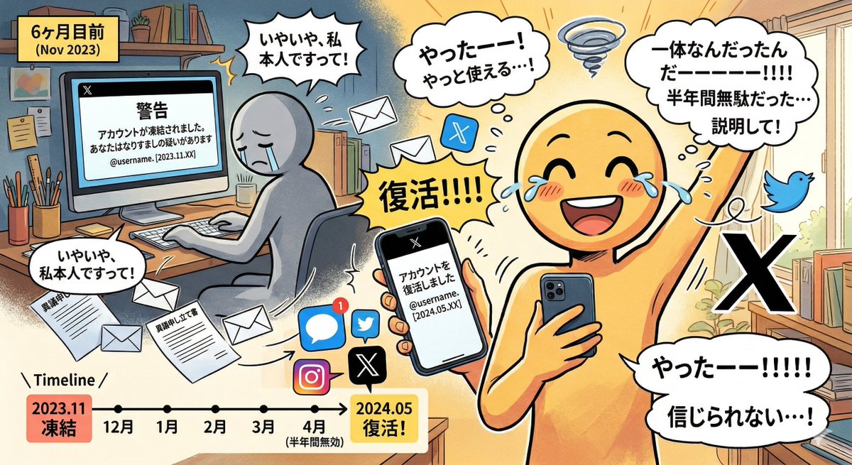 STEnterProject's tweet photo. うおー復活したー！ある日突然「なりすましが疑われます」というメッセージと共にXが凍��され…「いやいや、私本人ですって！」と訴えても反応無く…半年近く更新できない状態が続き…しかし、本日突然に「アカウントを復活しました」メッセージが！わけわからないけど、この半年間分をつぶやきます https://t.co/DA20LK1Jso