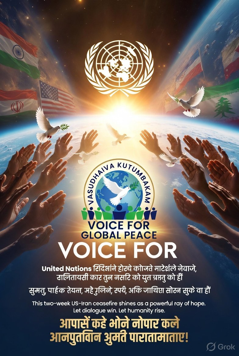 For44870Peace's tweet photo. @antonioguterres @UN @hrw @amnesty @AJEnglish @cnnbrk @BBCWorld @ZeeNewsEnglish @aajtaktej @UNPeacekeeping @UNAOC @ICRC @MSF @CrisisGroup @WHO @Interpeace_Org @ChinaDaily @WhiteHouse @PMOIndia @POTUS @NATO @EU_Commission @CNN @Reuters @Oxfam @UNPeacebuilding @AlJazeera @AP @andersoncooper @FareedZakaria @GretaThunberg @Malala @EmmaWatson @ManiramNar40442 @CCFPeace @DigitalDaddy92 @cfpeace @peacemakersnetw @UNEP @WWFGLOBAL @UNFCCC @unoy_peace @Y4Cofficial @GlobalLF @PlanGlobal @GlobalPeace @ifcdialogue @globalcitizen @antoniomanuelun @UN के साथ कंधे से कंधा मिलाकर, हम शांति के लिए खड़े हैं।
This US-Iran ceasefire is a ray of hope. Let it grow into lasting peace across the Middle East & the world.
Let dialogue win.Let humanity rise.
शांति की जय हो!
#VoiceForGlobalPeace #UNForPeace #CeasefireNow #StandWithPeace https://t.co/G9SWh6FdG7