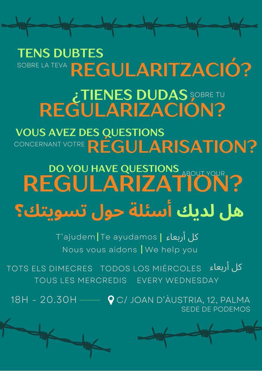 Podem_Palma's tweet photo. Una setmana més resolguem dubtes sobre la regularització extraordinària. Tots els dimecres de 18:00 a 20:30 a la nostra seu. Us hi esperem! 👇 https://t.co/d0cYS7zpYq