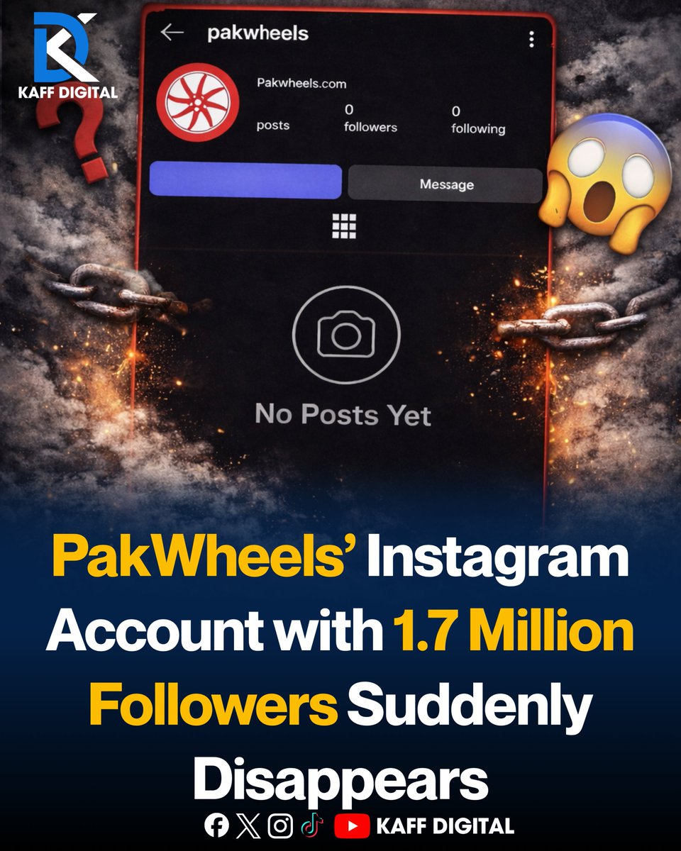 KaffDigital's tweet image. Wait, where did PakWheels go? 🧐
If you’ve tried searching @pakwheelscars on Instagram today, you might have noticed something is very wrong. The account with 1.7 million followers has completely disappeared, leaving fans and car enthusiasts confused.
#PakWheels #SocialMediaNews