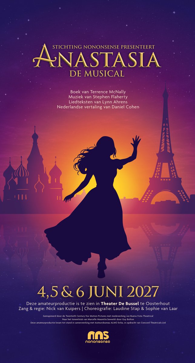 StichtingNNS's tweet photo. STICHTING NONONSENSE PRESENTEERT: ANASTASIA DE MUSICAL
Anastasia de musical vertelt het legendarische verhaal van een zoektocht naar het verleden. 
 Ontdek het geheim. Beleef de reis.
 4, 5 en 6 juni 2027. Theater de Bussel, Oosterhout.
#anastasia #anastasiathemusical https://t.co/tFguLYERJz