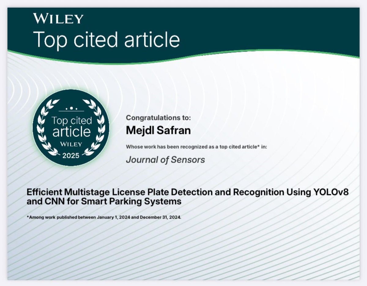 KSU_CCIS's tweet image. في إنجاز علمي يعكس تميّز الكفاءات الأكاديمية والبحثية في كلية علوم الحاسب والمعلومات بجامعة الملك سعود، 
حصل د. مجدل بن سفران على اعتراف من دار النشر العالمية Wiley بعد تصنيف بحثه المنشور في Journal of Sensors ضمن أكثر المقالات استشهاداً لعام 2024-2025، في مؤشر يبرز الأثر العلمي