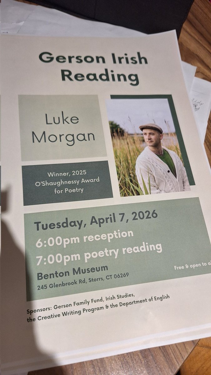 LukeMorganPoet's tweet photo. I gave the annual Gerson Reading at @UConn last night. Thank you to the Dept of English for inviting me, especially @DrMaryBurke, and to professor Sean Forbes for welcoming me to campus. @ArlenHouse https://t.co/u8pC9cc56A