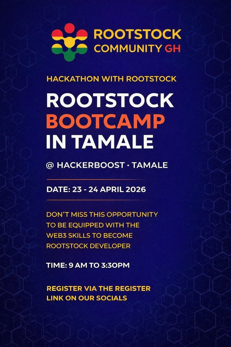 RootstockGH's tweet photo. Hackathon with Rootstock in Tamale is here!!
Hurry up to secure your spot now via https://t.co/l1zp4BPQcp https://t.co/ocGWwbPedj