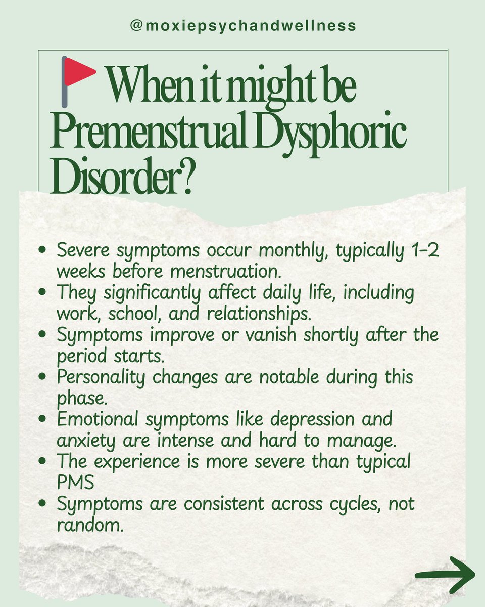 MoxiePsych's tweet photo. Losing half your life every month isn’t normal

If 1–2 weeks before your period feel like a completely different version of you

intense mood swings, anxiety, anger, exhaustion, brain fog
that’s not “just PMS.”

It could be Premenstrual Dysphoric Disorder (PMDD). https://t.co/jKMJDywVmO