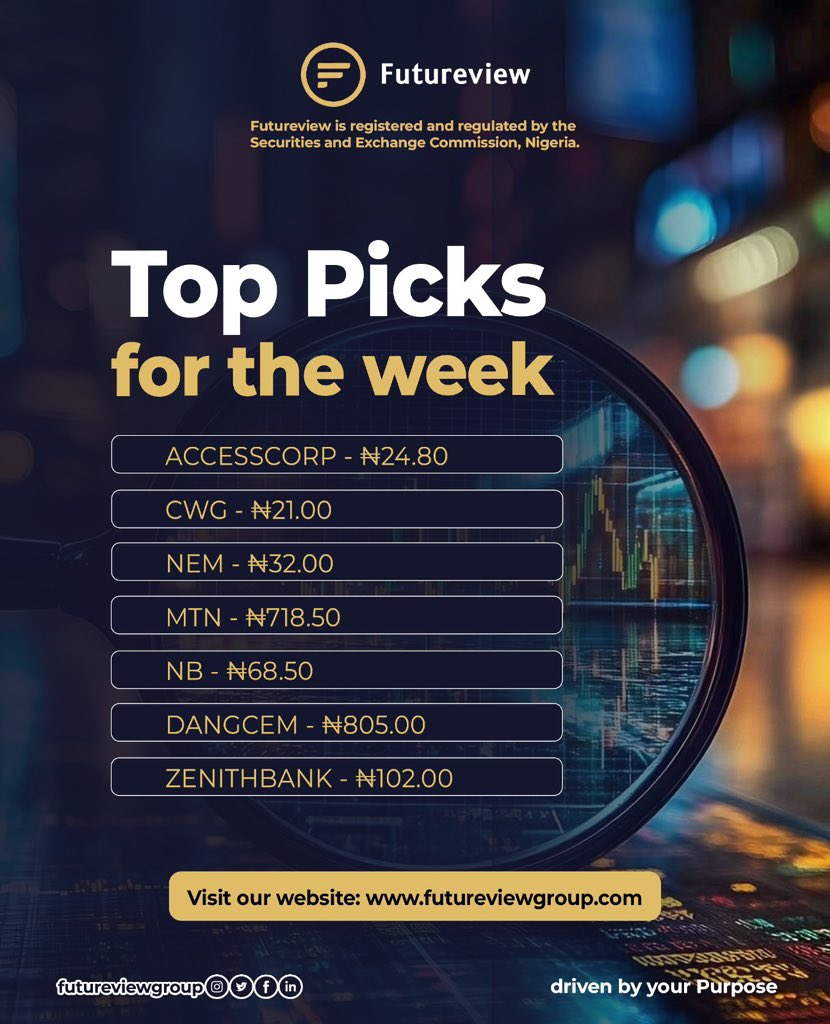 Smart moves start with the right picks. Here are our Top Picks for the Week. 

For more insight and guidance, reach out to us today. 
Email: research@futureviewgroup.com

Futureview is registered and regulated by the Securities and Exchange Commission, Nigeria.

#Futureviewgroup