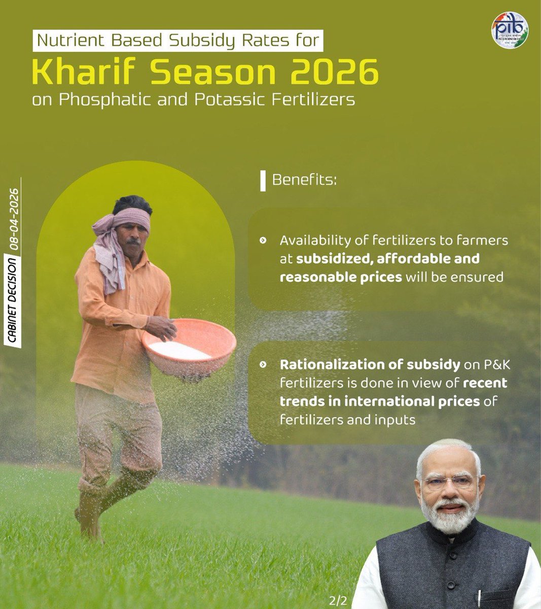 PIBHyderabad's tweet image. #Cabinet approves Nutrient Based Subsidy (NBS) rates for Kharif Season, 2026 (from 01.04.2026 to 30.09.2026) on Phosphatic and Potassic (P&amp;amp;K) fertilizers
 
#CabinetDecisions