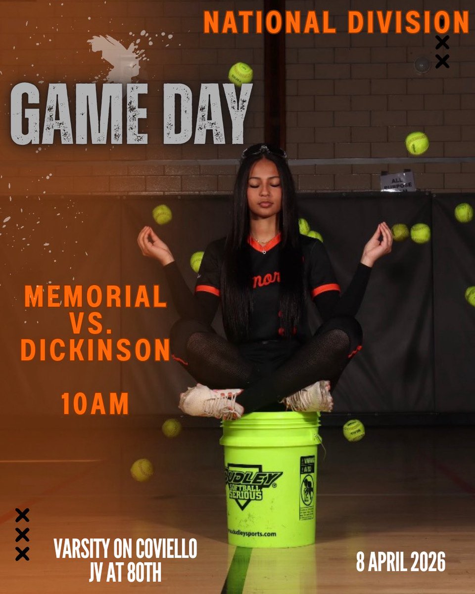 CoachOcello's tweet photo. Game Day.

Back on our field, back to work.
National Division matchup vs Dickinson.

📍 Varsity – Coviello Field
📍 JV – 80th St. Park
⏰ 10:00 AM

Protect home. Set the tone.
All gas, no brakes.

#MemorialSoftball 🧡🥎 https://t.co/c2TBmVoKcT
