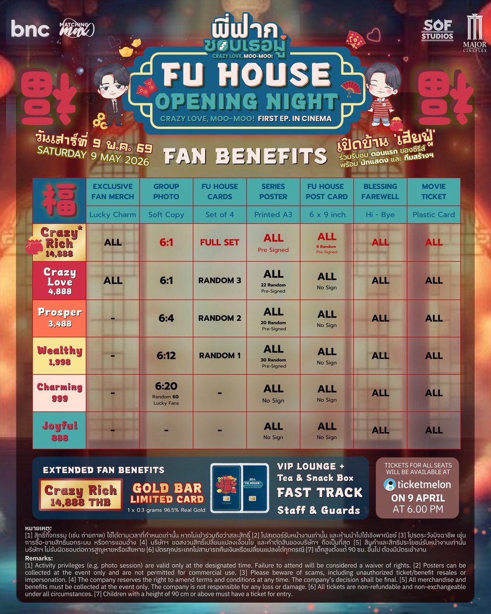 BlueandCoTH's tweet image. 🧧 ในที่สุดก็มาแล้ว…ผังที่นั่ง + Fan Benefits + Merchandise ของงาน
“Fu House Opening Night” 🐮💥

เปิดบ้าน ‘เฮียฟู่’ พร้อมความสนุกสุดป่วน
และโมเมนต์พิเศษที่จะได้ ดูตอนแรกของ “พี่ฟากชอบเธอมู่ Crazy Love, Moo-Moo!” ไปพร้อมกับนักแสดงในโรงภาพยนตร์ 🎬✨