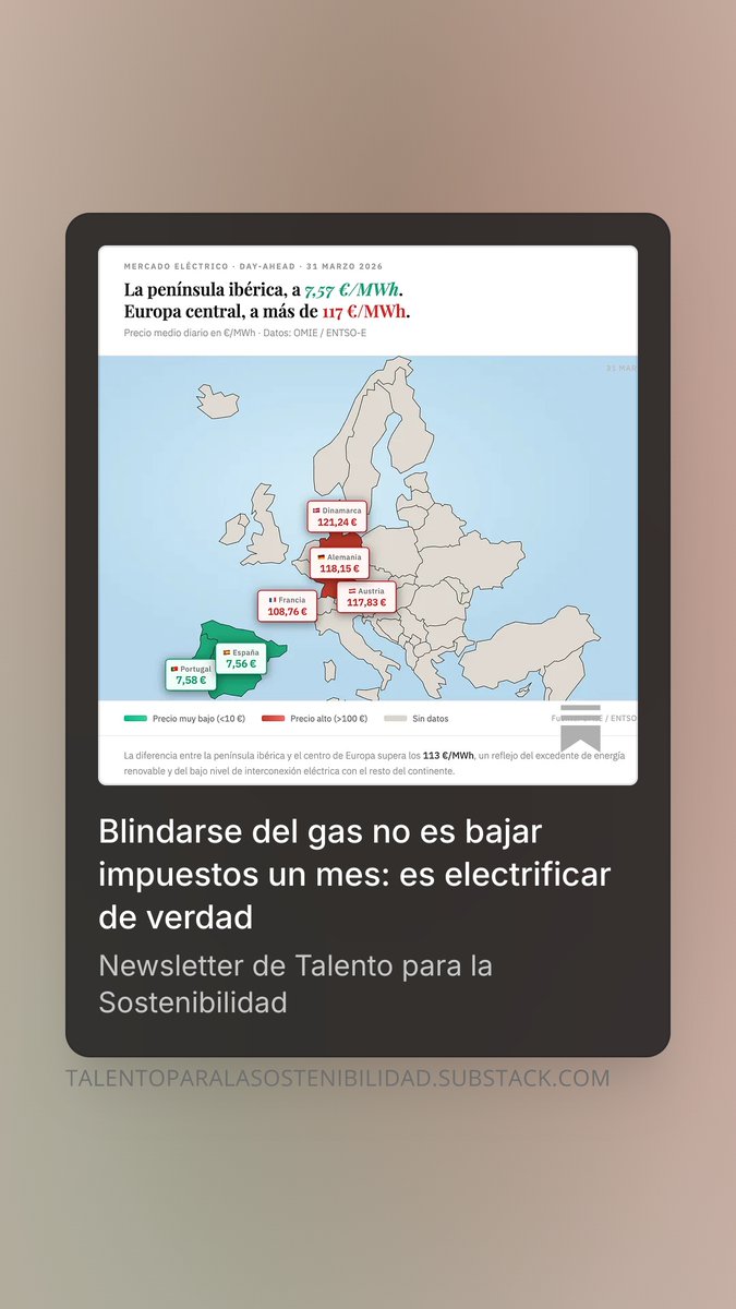 Blindarse del gas no es bajar impuestos un mes. Es electrificar de verdad.
En nuestra nueva newsletter de <a href="/TxSostenible/">Talento para la Sostenibilidad</a>  analizamos el paquete del Gobierno y la lección de fondo: ➖fósiles importados =  ➕protección económica, industrial y social.

open.substack.com/pub/talentopar…