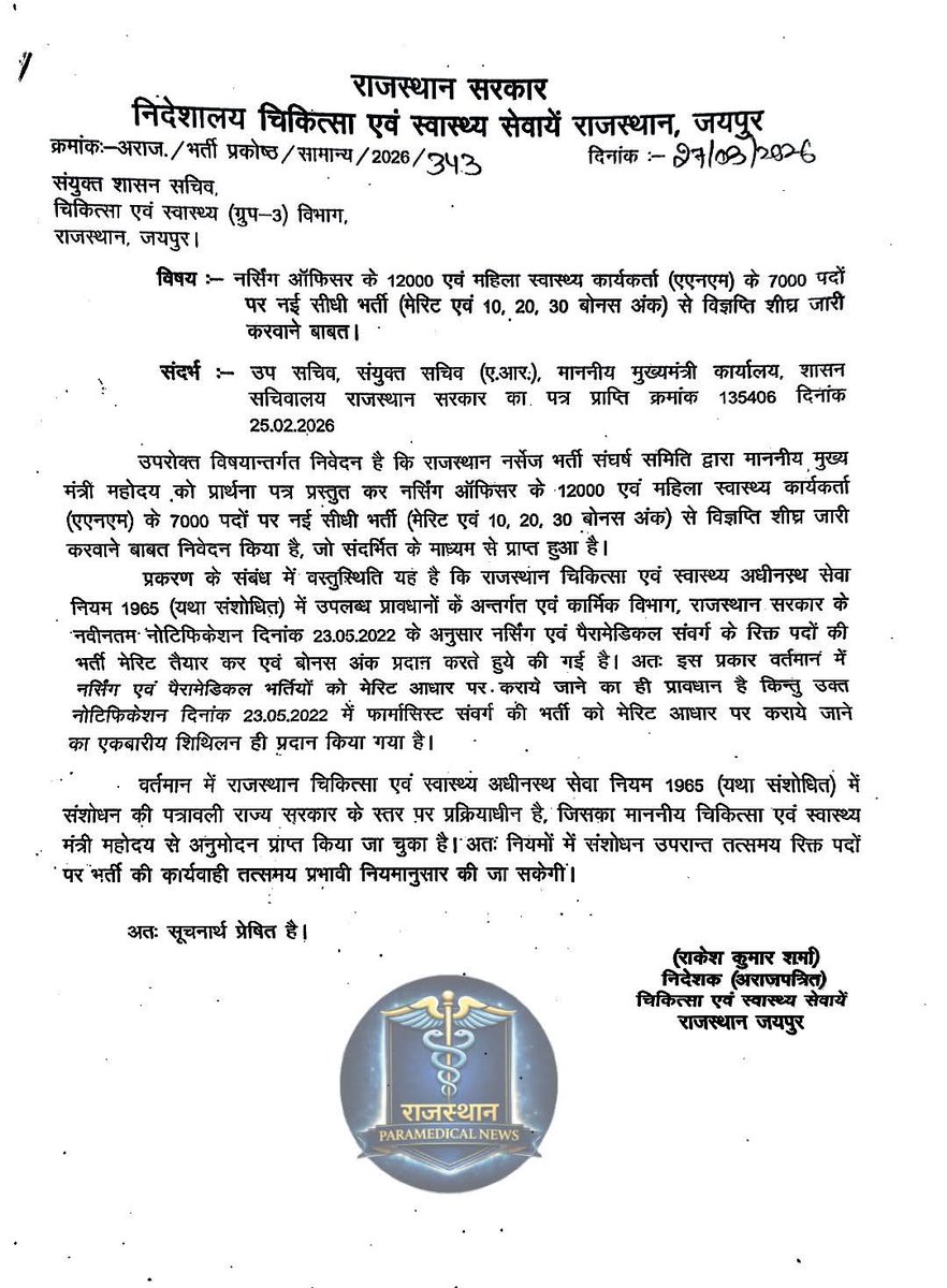 बड़ी खबर
राजस्थान सरकार और चिकित्सा विभाग का रुख साफ चिकित्सा विभाग की समस्त भर्ती मेरिट+बोनस से होगी
नियम ससोधन की फाइल कार्मिक विभाग मे जरूर है 
लेकिन संविदा कार्मिकों के हौसले को कुचल नही सकती सरकार हमारा संघर्ष ही जीत दिलाएगा हमे
#नर्सिंग_भर्ती_मेरिट_बोनस