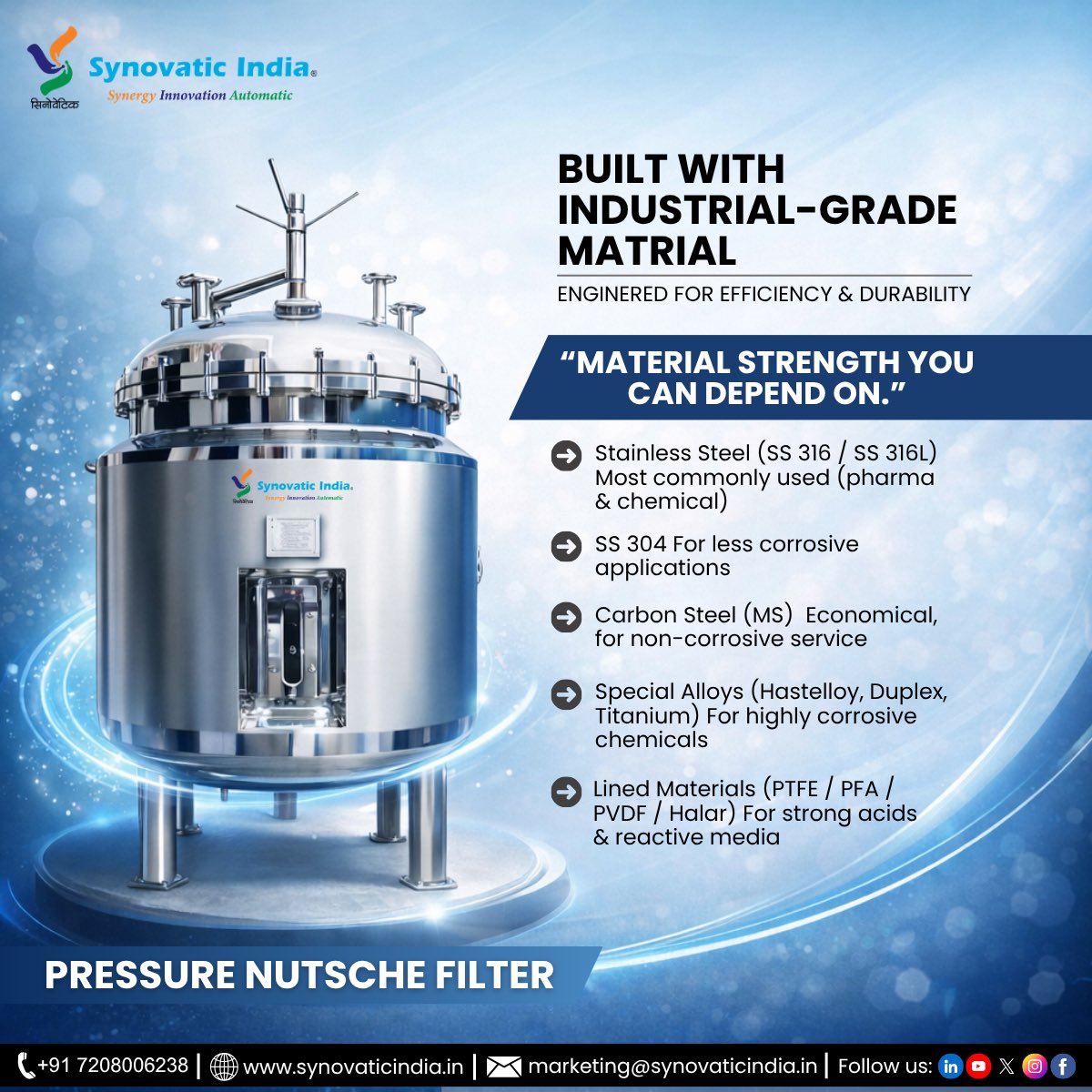 Synovatic's tweet photo. Built for Performance. Engineered for Reliability.
📩 marketing@synovaticindia.in
🌐 https://t.co/Aj5ovxUigF

#SynovaticIndia #PressureNutscheFilter #FiltrationTechnology #PharmaEquipment #ProcessEngineering #IndustrialDesign #MakeInIndia #EngineeringExcellence https://t.co/1JpHI9GmXZ