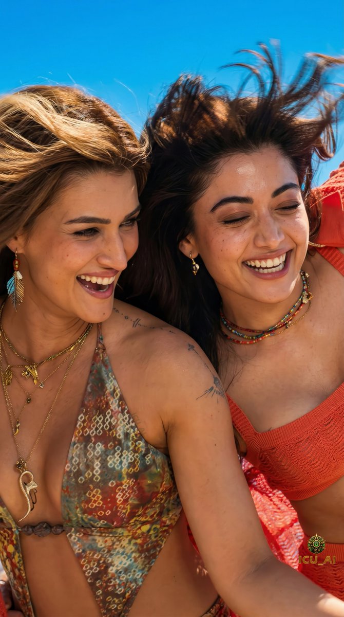 icu_ai_edits's tweet image. Rashmika Mandanna &amp;amp; Kriti Sanon bringing full desi energy and unfiltered joy in Cocktail 2 — dancing barefoot, hair flying, pure summer madness!   Who’s ready for this vibe? Drop your excitement below! 

#RashmikaMandanna #KritiSanon #Cocktail2