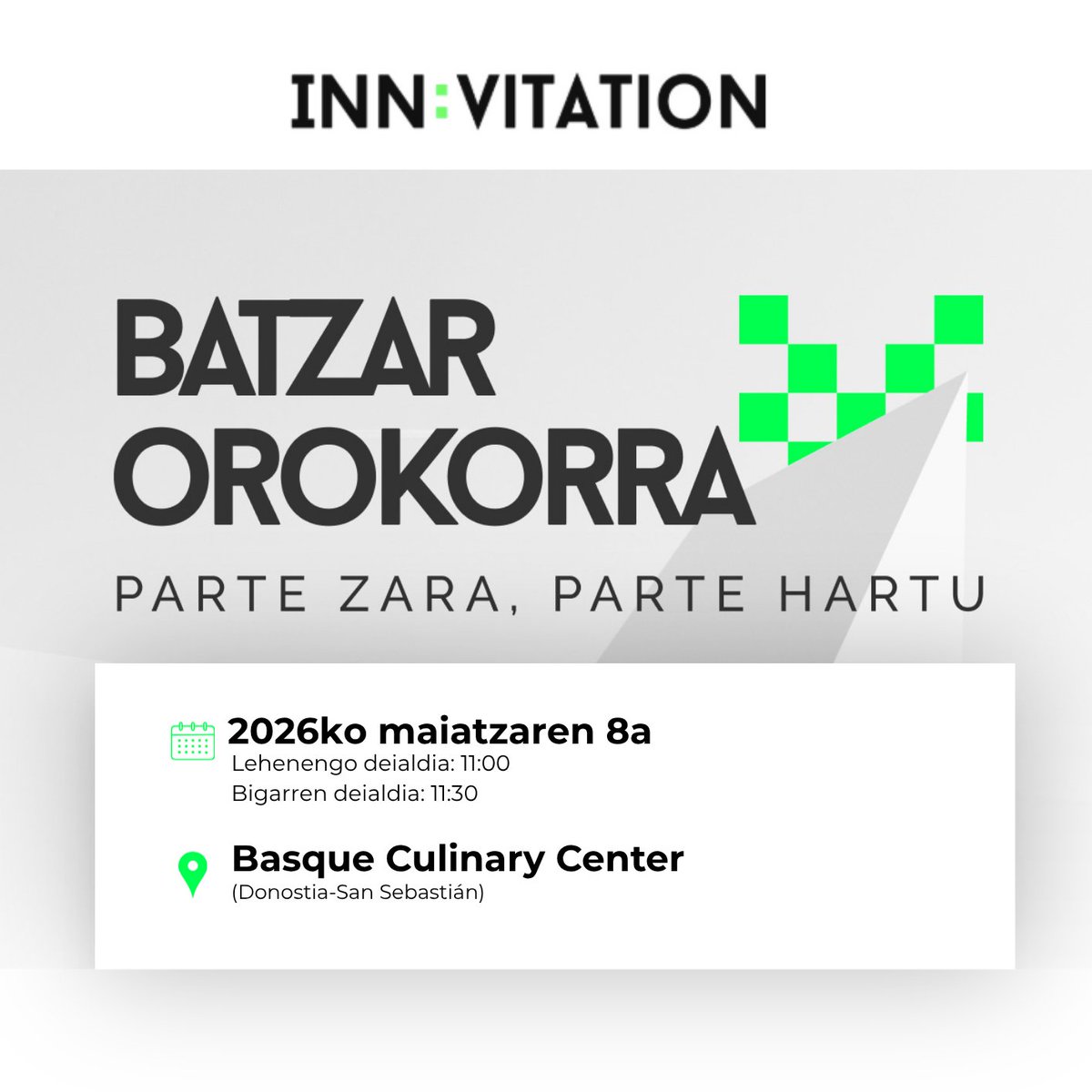 BuildinnCluster's tweet photo. 𝐏𝐚𝐫𝐭𝐞 𝐳𝐚𝐫𝐚, 𝐩𝐚𝐫𝐭𝐞 𝐡𝐚𝐫𝐭𝐮

Maiatzaren 8an elkartuko gara @bculinary -en, urtearen balantzea egiteko, 2026ko proiektuak aurkezteko eta etorkizuneko norabidea elkarrekin eraikitzeko.

BUILD:INN posible egiten duzuen erakundeentzat, zuen hitzordua da hau.

Parte zara, parte hartu 👉 https://t.co/PWZ2VzYbzB 

#WeareBUILDINN