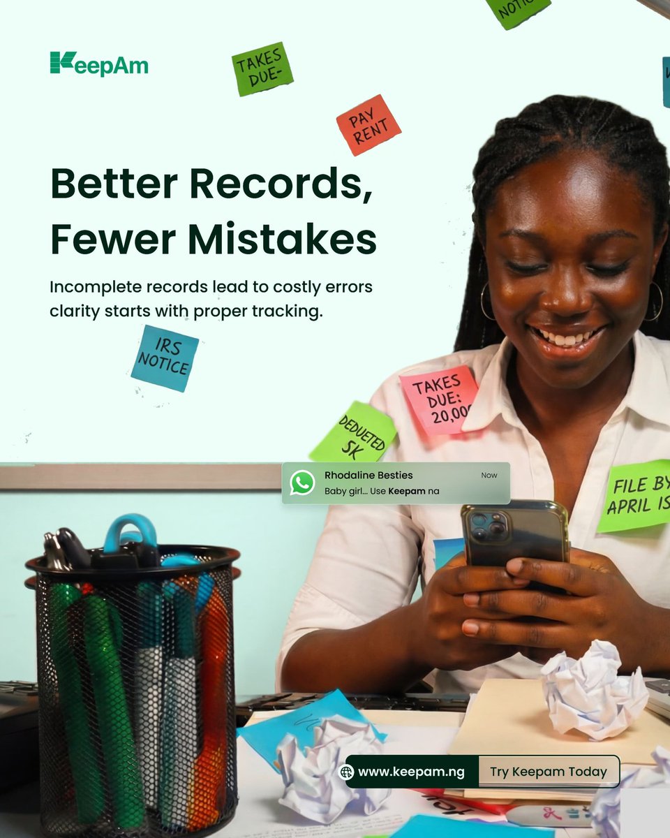 keepamapp's tweet image. Accurate records are the foundation of correct tax. When your income and expenses are clear, your numbers become easier to manage.

👉 Start tracking at keepam.ng

#recordkeeping #nigeriantax #freelancersnigeria #financialclarity #keepam