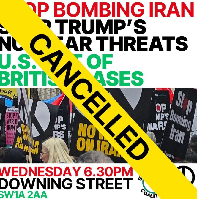 LabourCND's tweet photo. Trump's threat to destroy a civilisation, with its implied threat of nuclear war, spread fear around the world. 
@LabourCND  says: we welcome the opportunity for a negotiated agreement between the US and Iran that the 2 week ceasefire brings. The peace movement remains on high alert to the dangers of nuclear war.

Tonight's emergency protest is cancelled