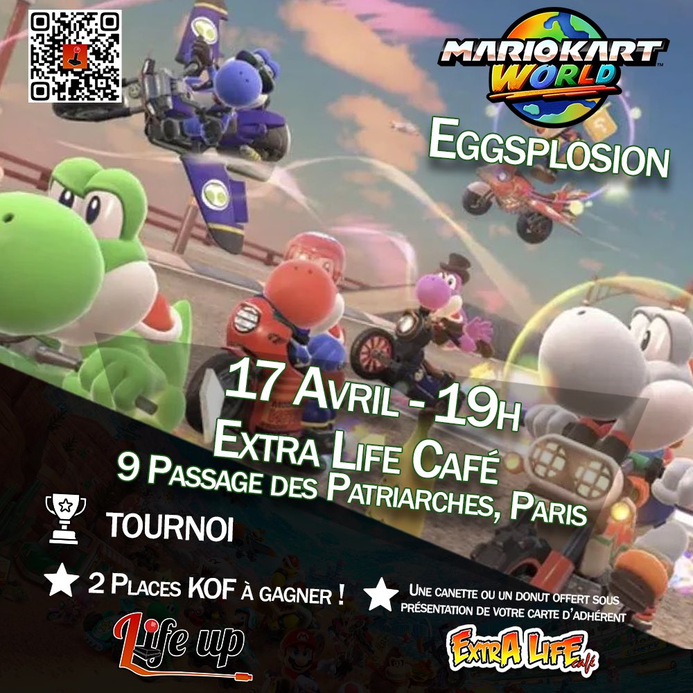 AssoLifeUp's tweet photo. 🏁 TOURNOI MARIO KART 🏁
🥚 Eggsplosion débarque le 17 avril 🔥
🎮 Mario Kart World
📍 @extralifecafe (Paris)
🕖 19h
🎁 2 places KOF de @armateam à gagner + lots
🍕 Boisson/dessert offerts aux adhérents
👉 Inscription : https://t.co/XZ3KBNGvgB
#LifeUp #GamingParis #MarioKart https://t.co/UUdeNPD3rZ