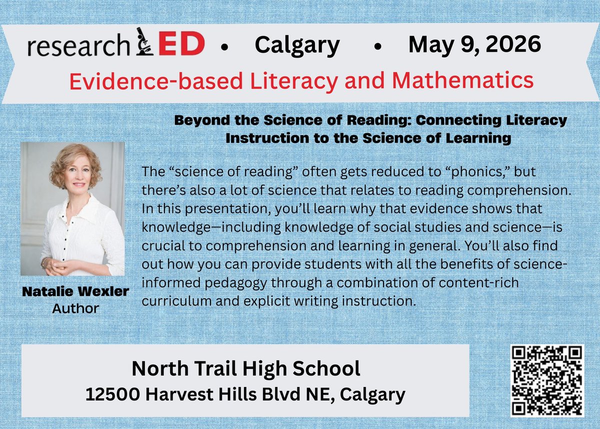researchEDCan's tweet photo. What a Speaker LineUp! Look Who's Coming to Alberta - for @researchEDCan Calgary (Sat May 9/26). Four outstanding headliners - #KnowledgeMatters champion @natwexler, #JUMPMath founder @johnmighton, Chalk & Talk Host @rastokke and SWI specialist Dr. Pete Bowers #ABed #cdned https://t.co/oXKSJvCTIJ