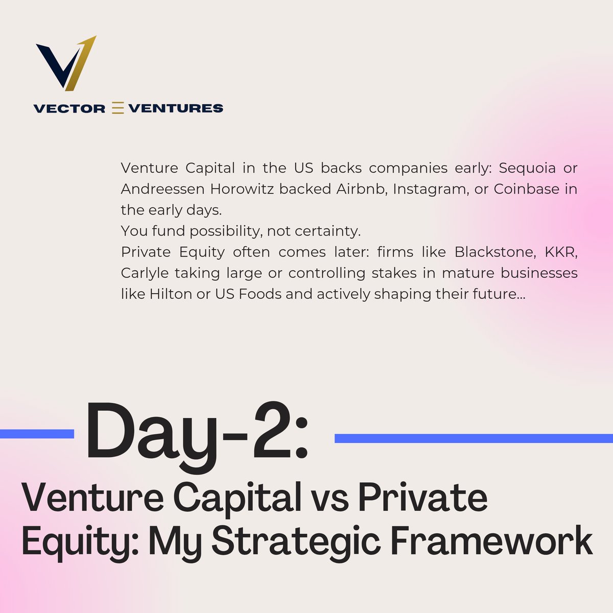 ErumScribbles's tweet photo. VC vs PE. My mental model.

VC: Early stage. Think Sequoia backing Airbnb. You fund possibility over certainty. Goal: Find the next category leader.

PE: Late stage. Think Blackstone buying Hilton. You acquire and scale proven assets.

Different tools. Same goal: ROI. https://t.co/1VZMmLcSOI