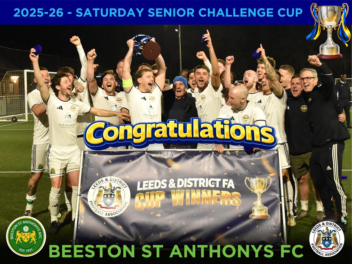 LeedsFA's tweet photo. 🏆𝗦𝗮𝘁𝘂𝗿𝗱𝗮𝘆 𝗦𝗲𝗻𝗶𝗼𝗿 𝗖𝗵𝗮𝗹𝗹𝗲𝗻𝗴𝗲 𝗖𝘂𝗽 – 𝗪𝗜𝗡𝗡𝗘𝗥𝗦 🏆
Congratulations to 𝗕𝗲𝗲𝘀𝘁𝗼𝗻 𝗦𝘁 𝗔𝗻𝘁𝗵𝗼𝗻𝘆𝘀 𝗙𝗖 on winning and retaining the Leeds & District FA – Saturday Senior Challenge Cup in a closely contested final at West Riding County FA last night 👏

Result:
South Leeds FC   𝟬 – 𝟭  Beeston St Anthonys FC

Both sides played their part in a hard-fought encounter with Beeston St Anthonys FC scoring the winner with virtually the last kick of the game.

Commiserations to 𝗦𝗼𝘂𝘁𝗵 𝗟𝗲𝗲𝗱𝘀 𝗙𝗖, who were worthy opponents and contributed to a very competitive match.

Well done to both teams for a fantastic cup final and a great advert for grassroots football ⚽

🙏 Thank you to West Riding County FA for the use of their excellent venue and facilities and our match sponsor General Sports.

📸 Photography Credit: Studio 31 Photography

#LDFAFinals #GrassrootsFootball #LeedsFA #SeniorChallengeCup

@BSAafc | @_SouthLeedsFC
@WestRidingFA | @OfficialYAL | @WYAFLOfficial

@LCCSportDev | @GRFootball | @Teamgrassroots_ | @StickthatonYT | https://t.co/TYpbtptknM | #Studio31Photography
