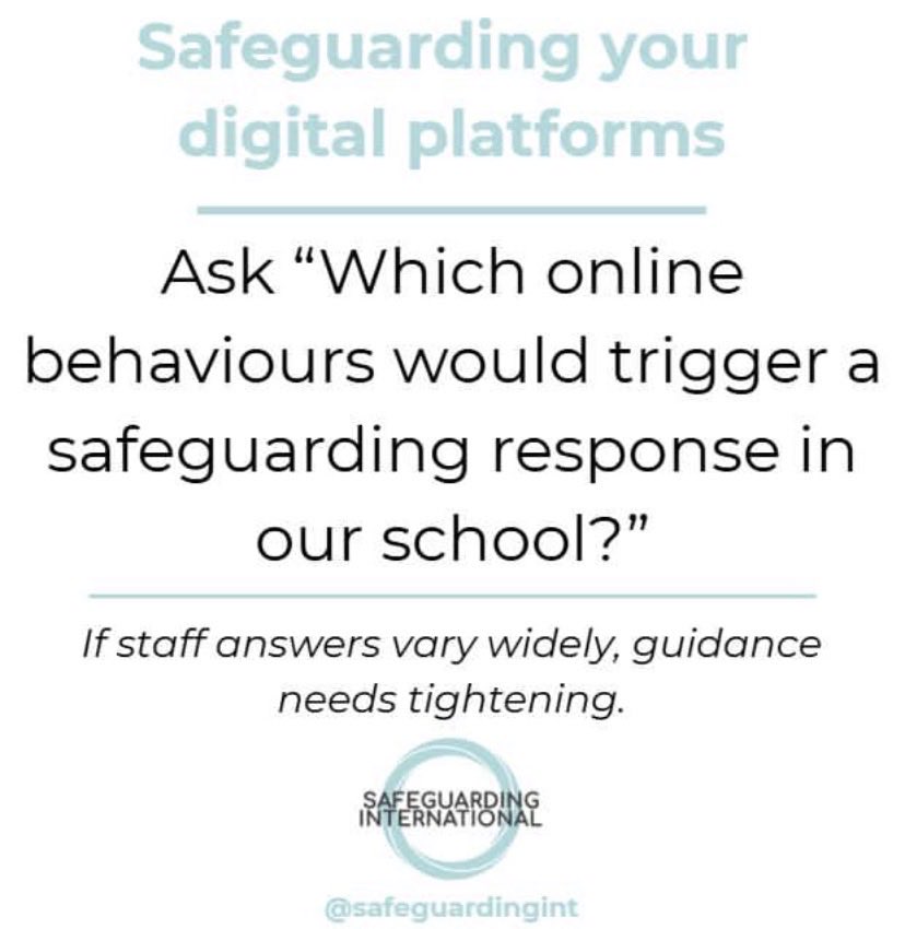 safeguardingint's tweet photo. One question that often reveals gaps, or highlights strengths:

“Which online behaviours would trigger a safeguarding response in our school?”

If staff answers vary widely, guidance needs tightening.

#SafeguardingInPractice #ThinkingSafeguarding #InternationalEducation https://t.co/YPc9kEFca5