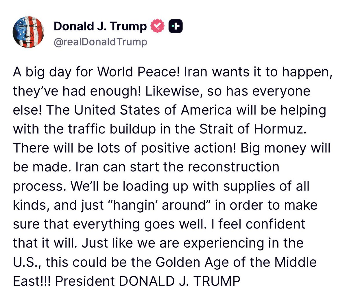 EricLDaugh's tweet photo. 🚨 IT’S OFFICIAL: President Trump confirms the US will help traffic in the Strait of Hormuz to ensure sage passage

“Iran can start the reconstruction process.”

“We’ll be loading up with supplies of all kinds, and just “hangin’ around” in order to make sure that everything goes well. I feel confident that it will. Just like we are experiencing in the U.S., this could be the Golden Age of the Middle East!!! President DONALD J. TRUMPl” 🇺🇸🇺🇸
