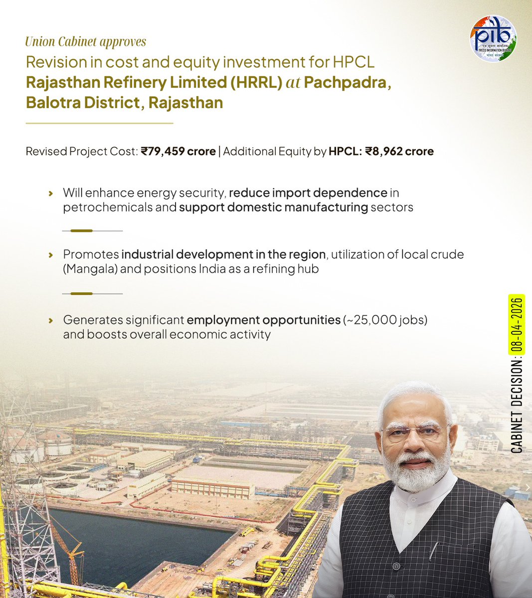 PIB_India's tweet image. #Cabinet approves revision in cost and investment in equity for HPCL Rajasthan Refinery Limited (HRRL), Pachpadra, District - Balotra, Rajasthan

A Joint Venture of Hindustan Petroleum Corporation Limited (HPCL) and the Government of Rajasthan

Read here: pib.gov.in/PressReleasePa…