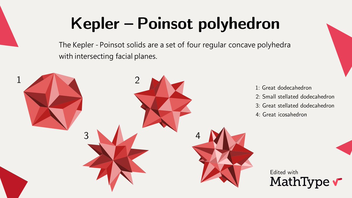 Kepler–Poinsot polyhedra are four regular star-shaped solids where faces intersect to create complex, highly symmetrical forms, extending the idea of Platonic solids into something far more striking. Which one catches your eye the most?

#Math #Mathematics #Geometry #Polyhedra
