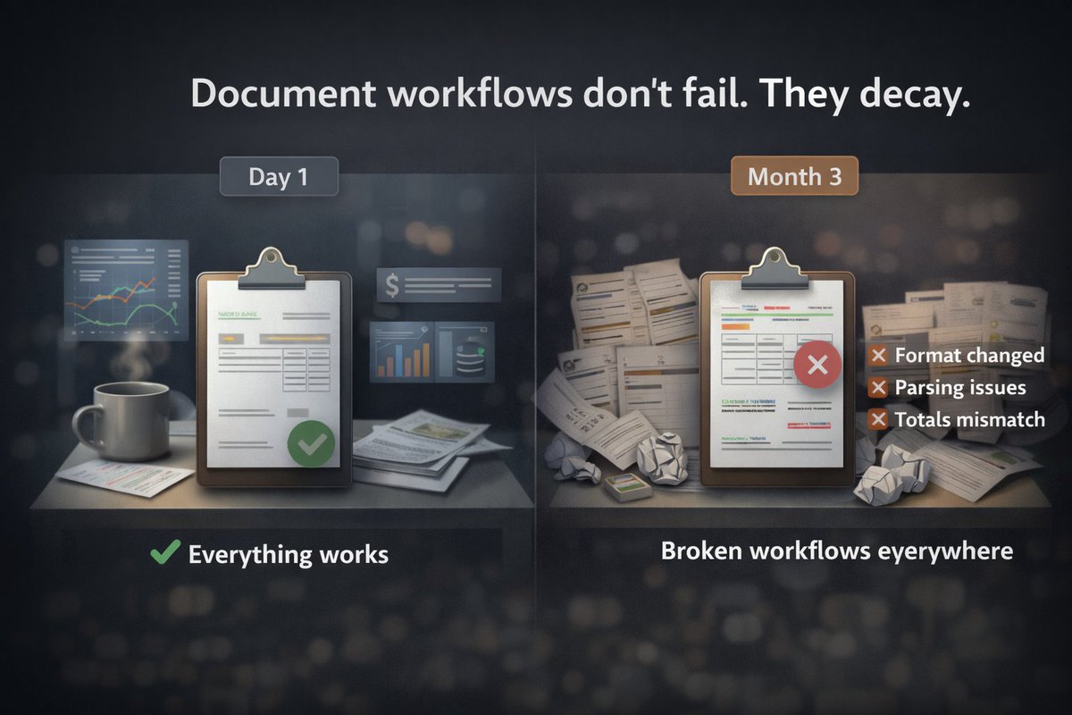 Francis_coder's tweet photo. Document workflows don’t fail.

They decay.

– formats change
– edge cases pile up
– totals stop reconciling

Now you're maintaining infra instead of building product. https://t.co/kSI1cRQYT1