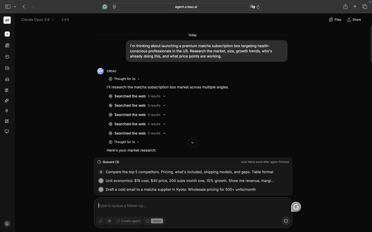 CreaoAI's tweet image. Queued 3 messages for my agent. Closed my browser. Went to lunch.  

Came back. All 3 processed. Charts built. Report emailed. Everything in order. 
The queue lives on the server. Your agent doesn't need you watching to keep working.  

That's the difference between a tool you