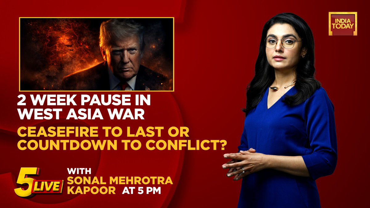IndiaToday's tweet image. 2 Week Pause In West Asia War
Ceasefire To Last Or Countdown To Conflict?

Watch #5Live with @Sonal_MK at 5 PM 

#Promo