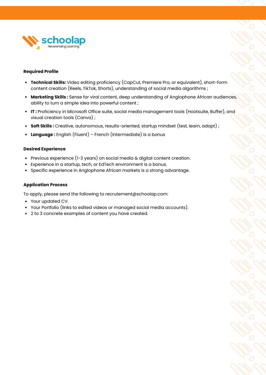 SchoolapENG's tweet photo. We’re Hiring: Social Media Manager &amp; Content Creator – Anglophone Africa

📍 Location: Kenya / Remote (Africa)
🗣 Language: English (mandatory) | French (a plus)
💼 Contract: Full-time

We want to hear from you!

Apply now or share with someone who would be a perfect fit!
#Hiring https://t.co/s5HvzxEdeY