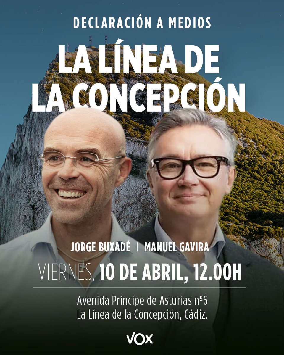 Jorgebuxade's tweet photo. 🎤Declaración a Medios 

📆 10 de abril, viernes 
🕢 12h00
📍 Avenida Príncipe de Asturias 6
La línea de la Concepción 

Con @GaviraVox @VOX__Cadiz https://t.co/sJG4dRxXwK