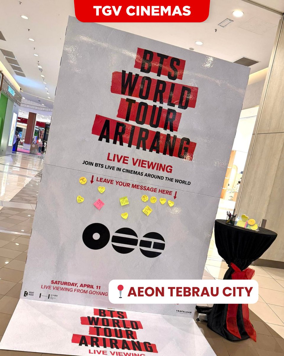 TGVCinemas's tweet photo. TO ALL MALAYSIAN ARMYs 💜🇲🇾

We’ve created a special BTS Message Wall just for you!

Drop by these locations, leave your message for BTS, and be part of a wall filled with love from ARMYs all across Malaysia 💜

📍 Sunway Velocity
📍 Sunway Square
📍 AEON Tebrau City
📍 Gurney Paragon

Write your message. Snap your photos. Share it on social — let the world see our purple love 💜

Also! Don’t forget to secure your tickets for BTS WORLD TOUR ‘ARIRANG’ LIVE VIEWING 🎟️ https://t.co/TATtr6KLvx

#CONCERTSatTGV #ARMYatTGV #BTS #방탄소년단 #BTS_WORLDTOUR_ARIRANG