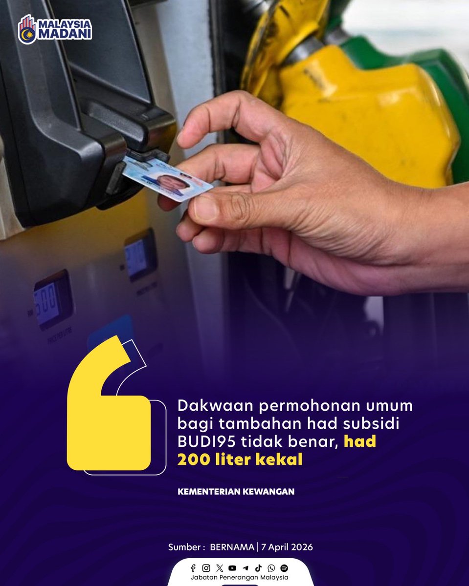 JPenerangan's tweet photo. Had 200 liter sebulan kekal, manakala permohonan tambahan hanya untuk kes operasi tertentu dan fungsi tersebut telah dinyahfungsikan. ⛽ ⚠️

#RancakkanMADANI
#MADANIBekerja
#TaatSetia
#JabatanPenerangan https://t.co/UaFA2IbW1v