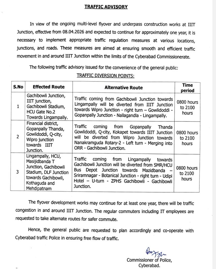 Shyamsundarak6's tweet image. 🟥 NEW SENSE 
#Cyberabad
#Flyover
#Diversions 
.....
In view of the ongoing multi-level flyover and underpass construction works at IIIT Junction, effective from 08.04.2026 and expected to continue for approximately one year, it is necessary to implement appropriate traffic