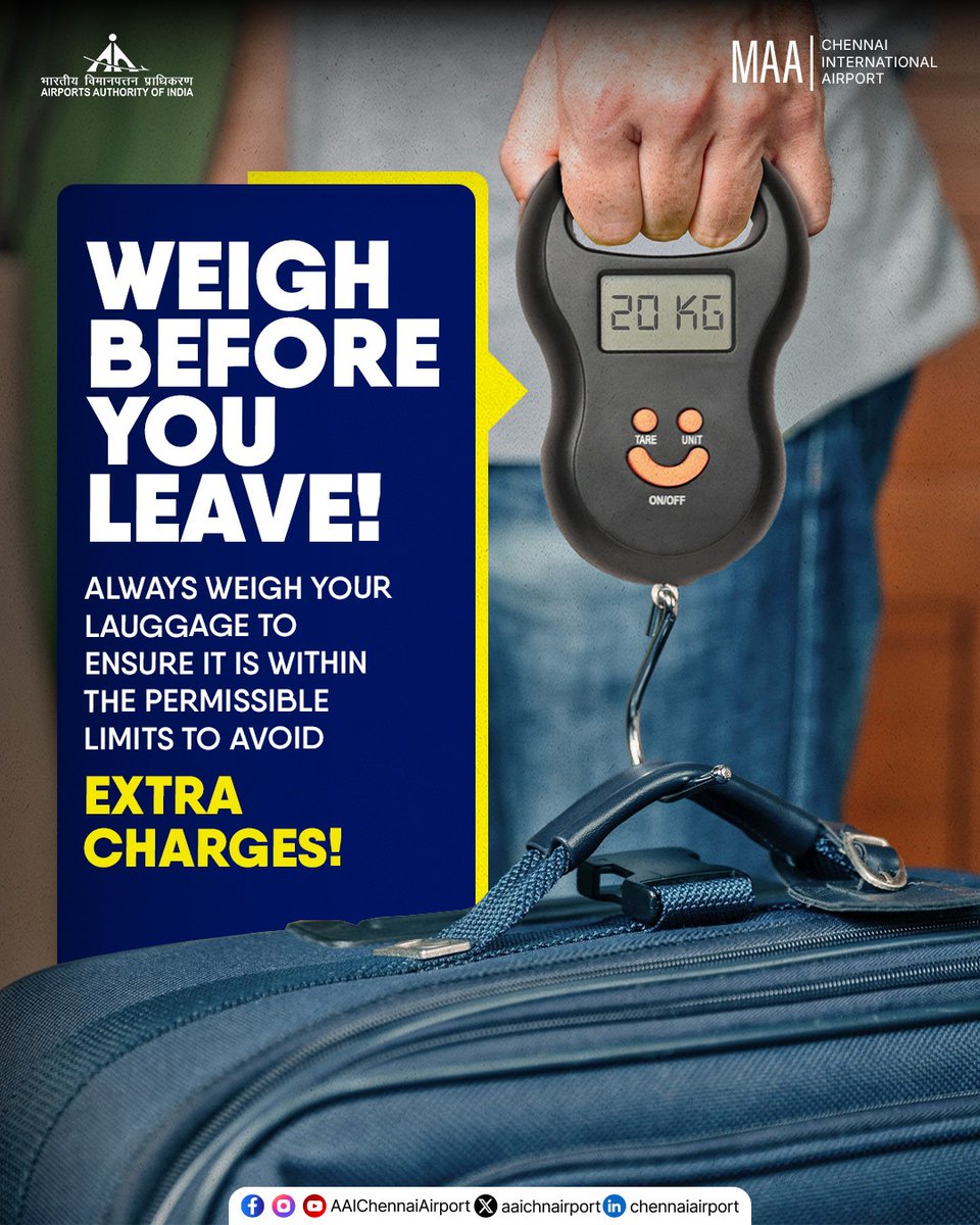 aaichnairport's tweet image. Weigh your luggage before heading to the airport and keep it within the permitted allowance to avoid excess baggage charges. For detailed guidelines, please check your airline’s official website.

#ChennaiAirport #AAIAirports #TravelTips #SmoothTravel

@MoCA_GoI | @AAI_Official