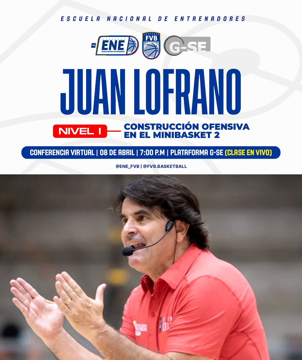 ene_fvb's tweet photo. 🧑🏻‍🏫 La séptima clase del nivel I - cohorte 2026 será dictada por el entrenador argentino Juan Lofrano. 

💻 En vivo por la plataforma G-SE.
📆 Miércoles 08 de abril.
⏳ 7:00 p.m.

🏀 Tema: construcción ofensiva en el minibasket 2. 

#ENE
#MasBaloncesto https://t.co/dflQqlt6rr